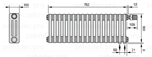 Схема (чертеж) Радиатор Zehnder Charleston 3030/17 №V002 Белый глянцевый RAL 9016
